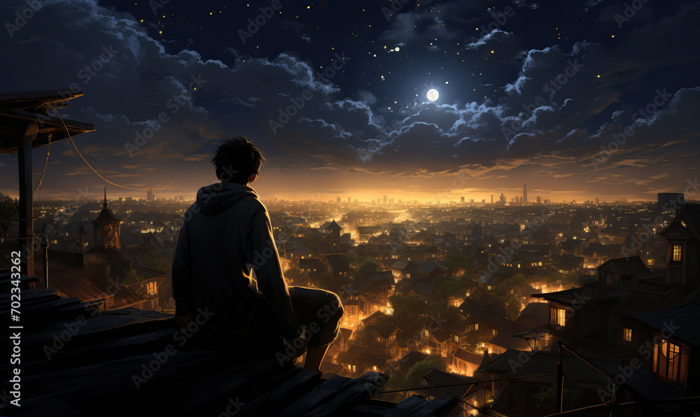 A young man sits on the roof of a house at night. A young man sits on the roof of a house at night.