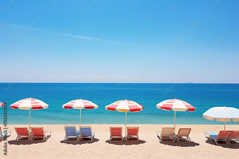Sunny beach landscape with striped umbrellas and lounging chairs - obrazy, fototapety, plakaty 