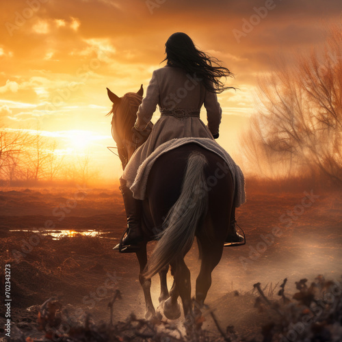 Woman riding a horse at sunset.