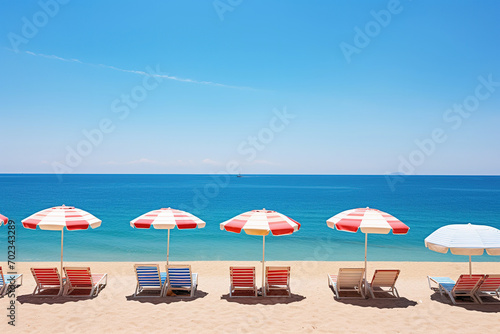 Sunny beach landscape with striped umbrellas and lounging chairs photo