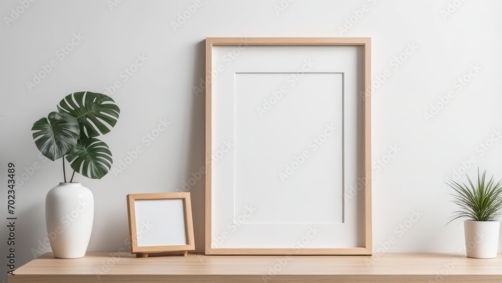 poster frame mockup of the interior room, decorated with white walls, simple and elegant, placed on a wooden counter. Surrounded by decorative plant vases Placed neatly and cleanly. - obrazy, fototapety, plakaty 