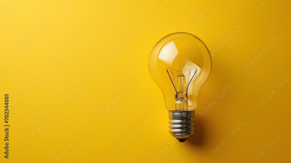 Light bulb on yellow background with copy space - obrazy, fototapety, plakaty 