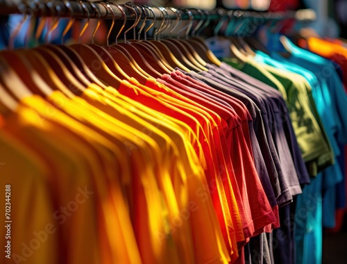 Colorful t shirts on the rack in the style of brandon wolfed