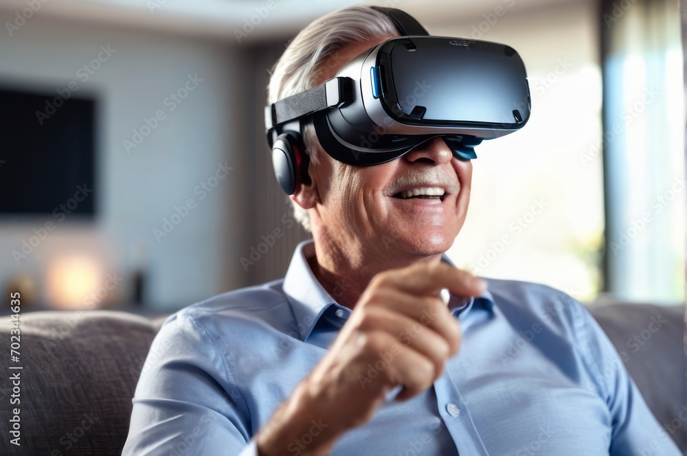 senior man wearing virtual reality goggles or vr headset. experiencing 3D gadget technology. relax in the living room happily on the soft sofa a new experience senior man wearing virtual reality goggles or vr headset. experiencing 3D gadget technology. relax in the living room happily on the soft sofa a new experience