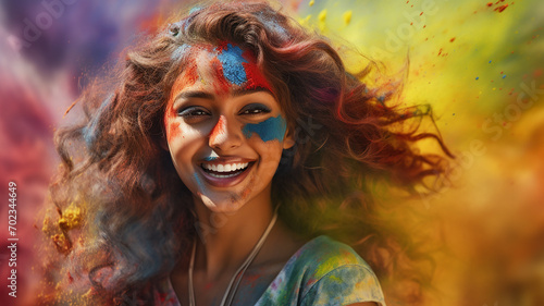 Portrait of a beautiful woman with bright make up. Holi festival.