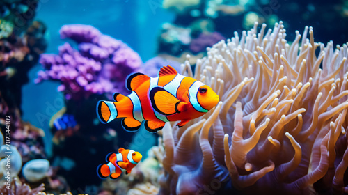 Colorful clownfish swim gracefully