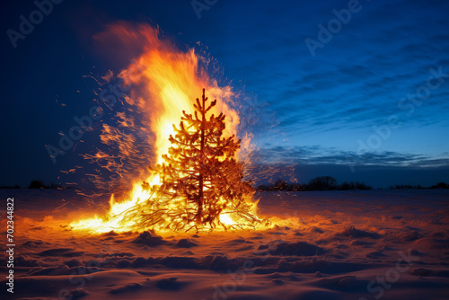 A burning Christmas tree in the middle of a snowy field, contrasting the warmth of fire and the cold of winter.