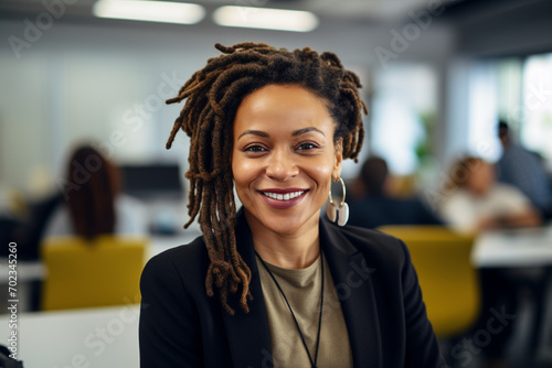 Woman with dreadlocks smiling at the camera during a meeting in a business office. Mature and professional business woman leading a corporate team towards success