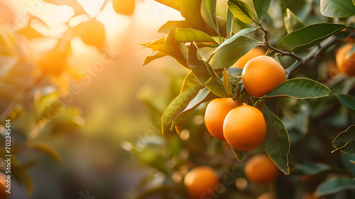  Citrus branches with organic ripe fresh oranges tangerines growing on branches with green leaves in sunny fruiting garden. photo