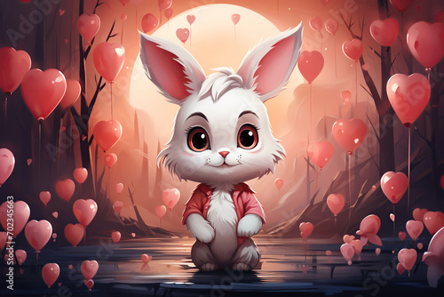 cute cartoon character hare bunny rabbit in forest on festive background with pink hearts. Greeting card for celebrating Valentine's Day © alexkoral