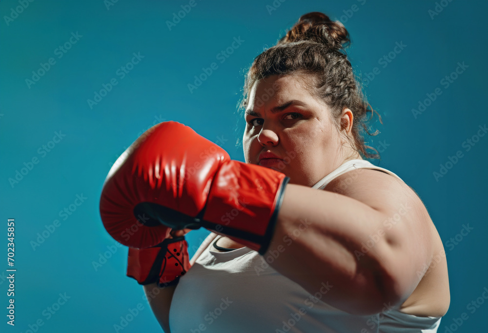 Very fat girl in boxing gloves on a coloured background