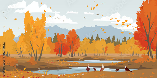 Beautiful autumn landscape of a forest with a lake. Stunning landscape of mixed forest in the autumn season, falling leaves and birds on the lake shore with mountains in the background. 