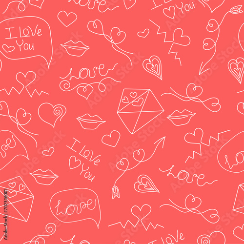 Pattern Set of hearts  decorative elements  icons and inscriptions. Valentine s Day. Lettering is manual. Phrase I love you. Vector illustration  seamless holiday background.