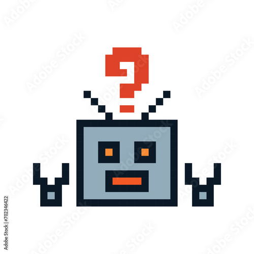 Cute pixel cartoon 8bit character robot or AI to learn or learning skill talk with question mark for education calculate bot vector technology.