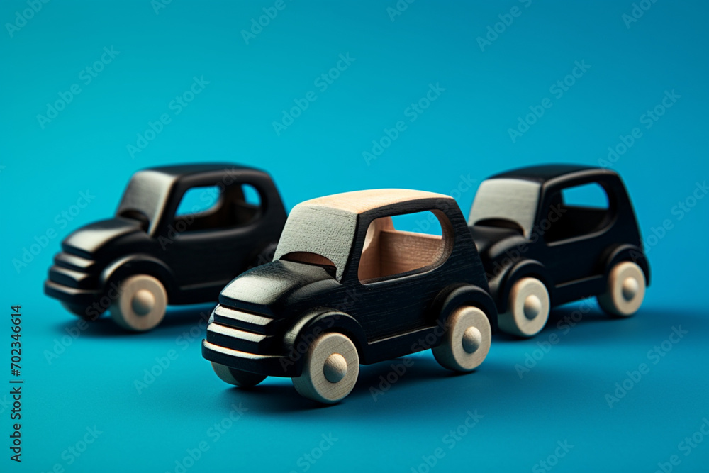 Wooden cars baby toy for child on blue background Eco friendly plastic free toddler kids toys educate 3d black realistic abstract background Wooden cars baby toy for child on blue background Eco friendly plastic free toddler kids toys educate 3d black realistic abstract background