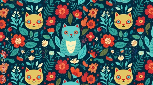 Image of pattern design using cat head and flowers.Generative AI