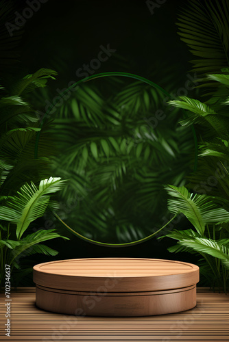 Wooden podium for product presentation  mockup  on a natural background of green leaves