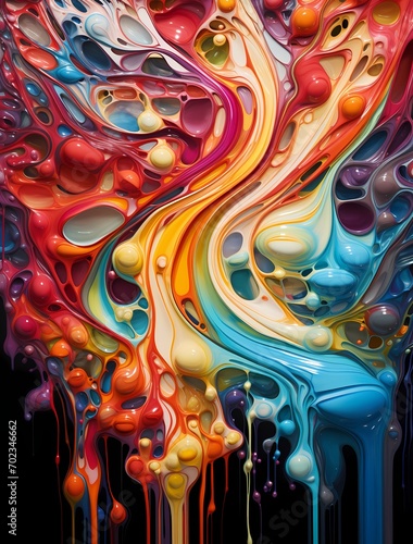 Fluid tendrils of vivid color intertwine and splash against a 3D canvas  creating a stunning abstract landscape that captures the essence of dynamic liquid motion