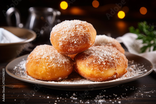 Freshly baked cheese donuts in ball shape with powdered sugar on a plate