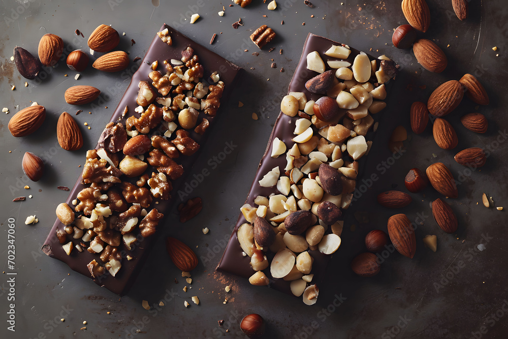 Two bars chocolate with almonds and hazelnuts Two bars chocolate with almonds and hazelnuts