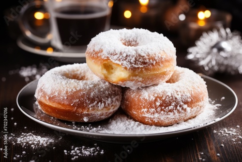 Freshly baked homemade donuts with powdered sugar on a plate, on the wooden table