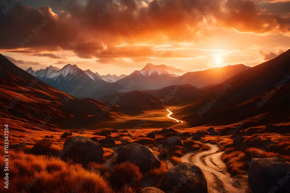 Generate a serene landscape with a sunset over mountains.