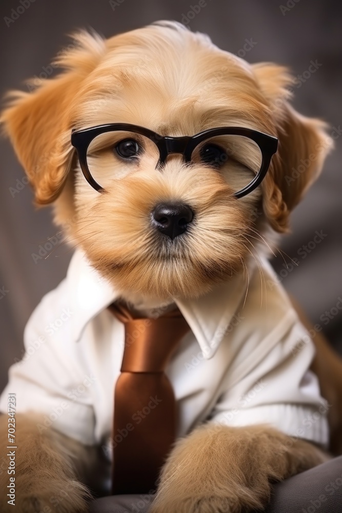 A funny businessman dog, a fluffy terrier with glasses, a necktie, and a playful demeanor. A funny businessman dog, a fluffy terrier with glasses, a necktie, and a playful demeanor.