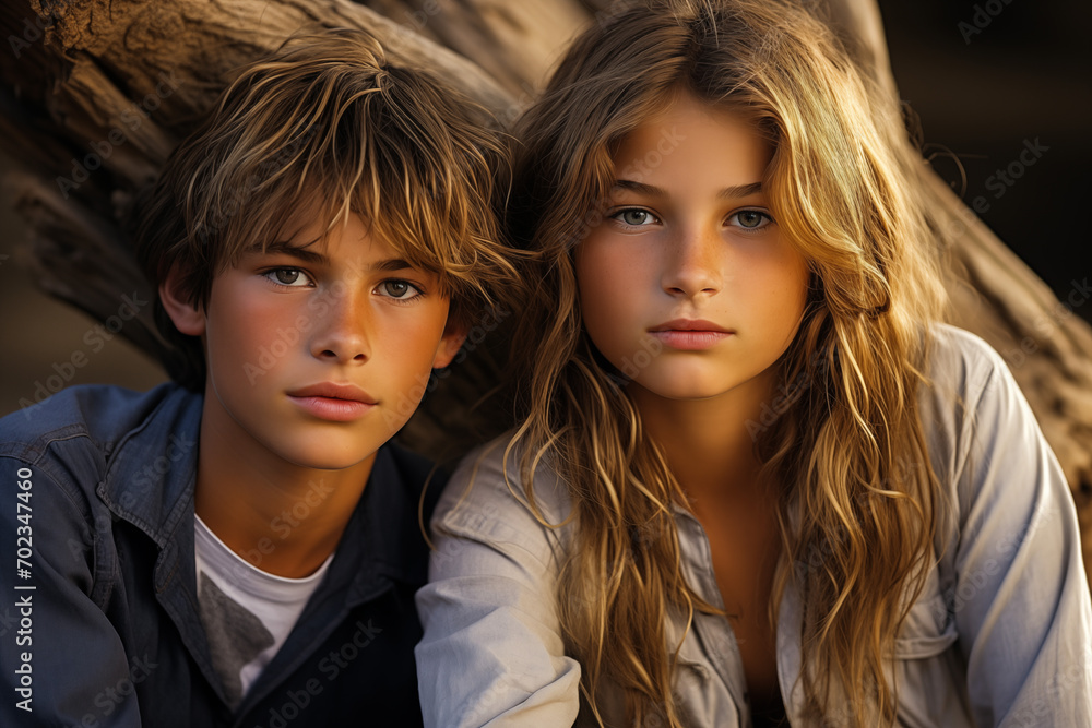 Boy in blue shirt watching girl by old tree in park