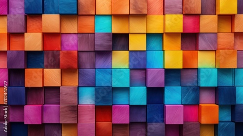 Colorful wooden blocks aligned. Wide format, generative ai © Hixel