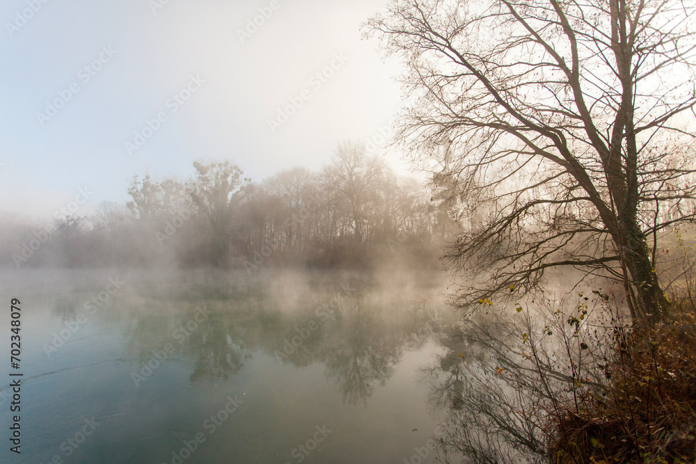 fog over the lake, cold morning, late autumn in park fog over the lake, cold morning, late autumn in park