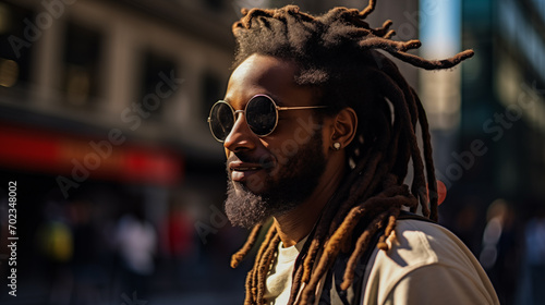 Man sporting a high dreadlock bun and shades in the city.