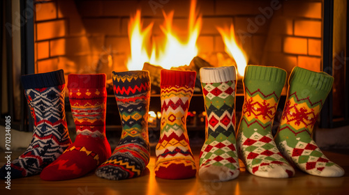 Intimate winter scene of feet clad in colorful socks by the glowing hearth.