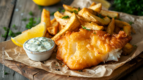 Fish and chips platter served on parchment on wooden board with tangy dip and lemon garnish. Classic battered fish and chunky chips, rustic wood. Pub style fish and fries, tartar sauce, lemon slice