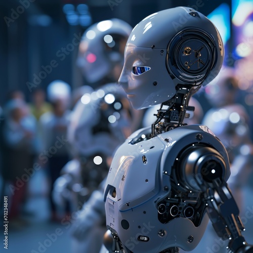 a robot with a group of people in the background photo