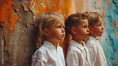 Three adorable little children dressed in white shirts standing behind a wall