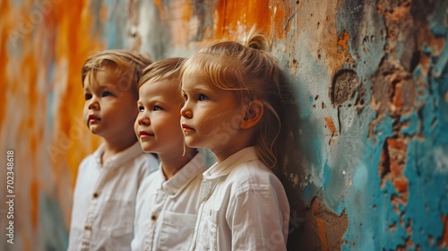 Three adorable little children dressed in white shirts standing behind a wall photo