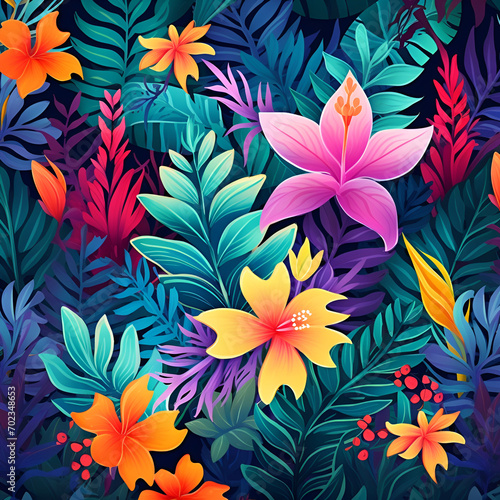 Colorful tropical leaves and floral pattern fabric background