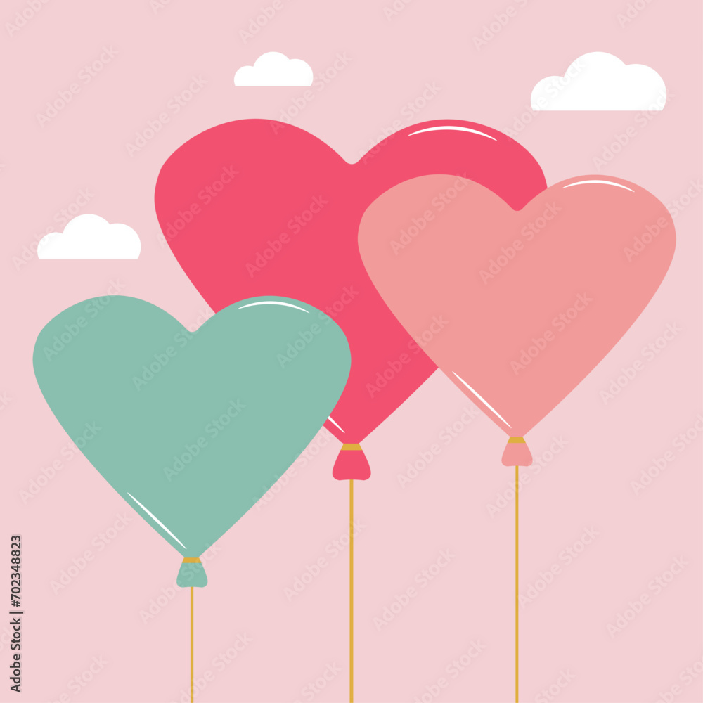 Balloons. Heart shape. Festive design element, balloon with ribbon. Happy Valentine.