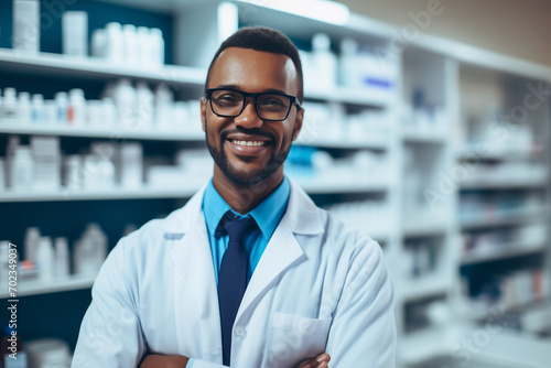pharmacist man, smiling, in white coat and blue shirt, tie, against blurred background of shelves with medicines