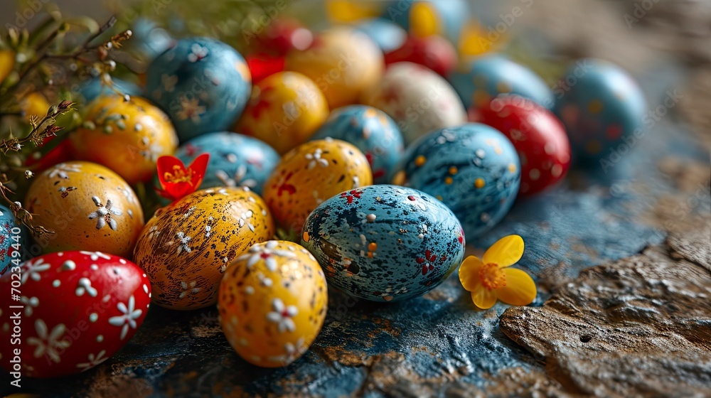 Fototapeta premium Colorful Background Easter Eggs On Blue, Background HD, Illustrations
