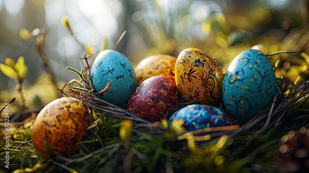 Colorful Easter Eggs Basket On Green, Background HD, Illustrations