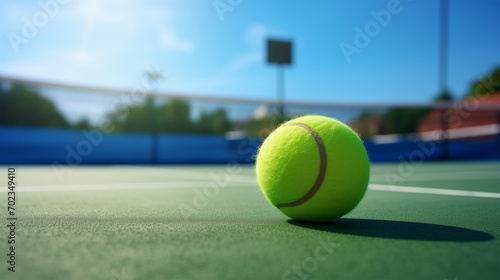 Game On: Green Tennis Ball on Green Court at Sunny Day. Symbolic Outdoor Summer Recreation and Active Sports. © LotusBlanc