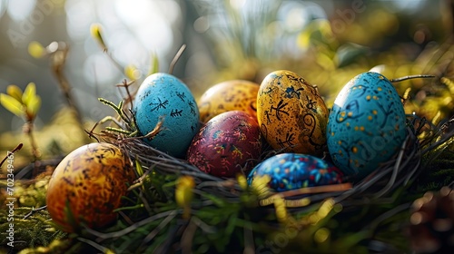 Colorful Easter Eggs Basket On Green, Background HD, Illustrations