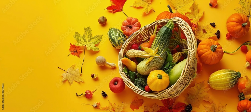 Image of wicker basket surrounded by autumn vegetables
