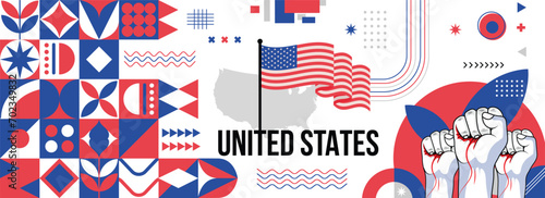 USA national or independence day banner for country celebration. Flag and map of United states with raised fists. Modern retro design with typorgaphy abstract geometric icons. Vector illustration