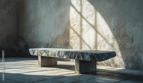 Stone seat Bench on cement wall outside