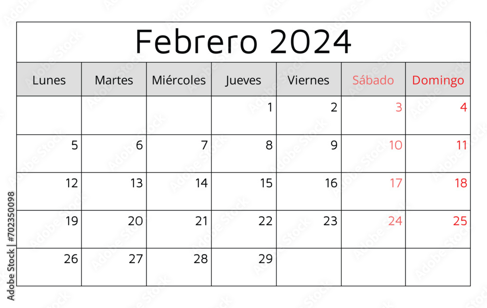 Febrero 2024 SPANISH calendar. Vector illustration