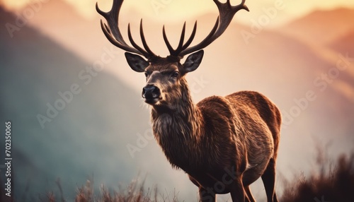 Banner with red deer stag in the autumn field. Noble deer male. Beautiful animal in the nature habitat. Wildlife scene from the wild nature landscape. Wallpaper, beautiful fall background photo