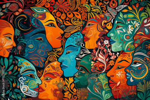 Vibrant mosaic of interconnected faces, each one uniquely distinguished, surrounded by an array of botanical elements.