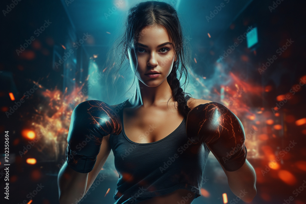 Young woman boxing. mixed media 3d black realistic abstract background